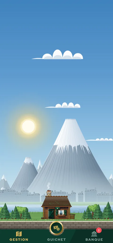 Banking Empire : la cabane en rondins au pied de la montagne, premier palier du jeu